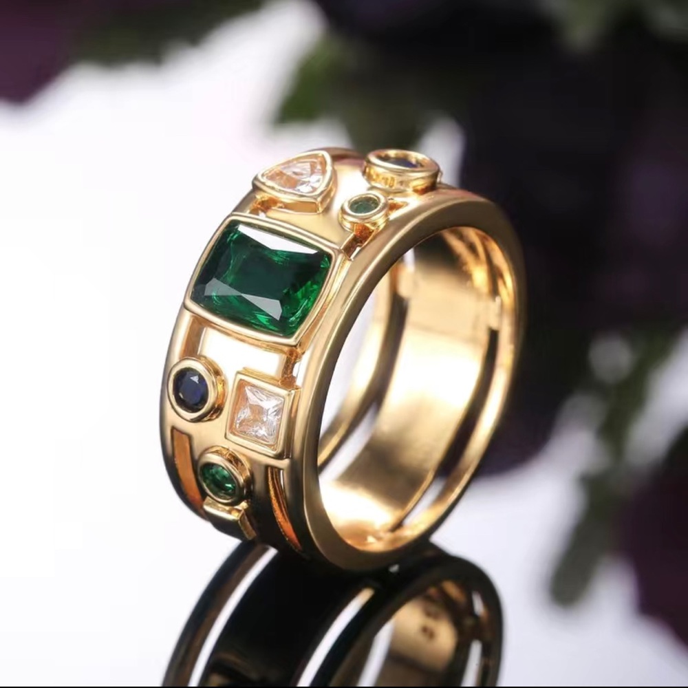 Gold Wide Band Ring Green Blue White Cubic  Zirconia Size 8 Fashion